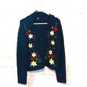 Y2K Boston Proper Wool   Bold Floral Fairy Embroidered Zip   Black Sweater M